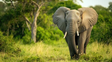 Fototapeta premium Elephant Walking in Lush Green Grassland with Filtered Pattern Effect and Wild Flora Background