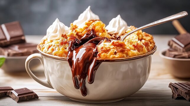 A rich, decadent chocolate dessert served in a large mug.