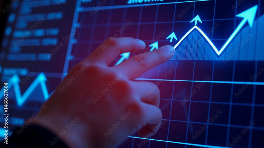 Poster hand interacting with a growing graph on a touchscreen display