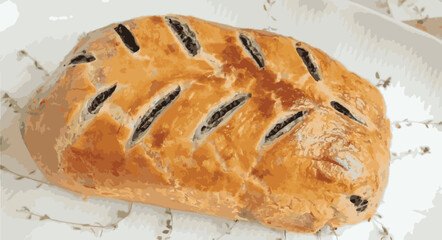 Beef Wellington vector illustration. Realistic gourmet dish with golden puff pastry and beef tenderloin. Perfect for restaurant menus, recipe books, and culinary design projects.
