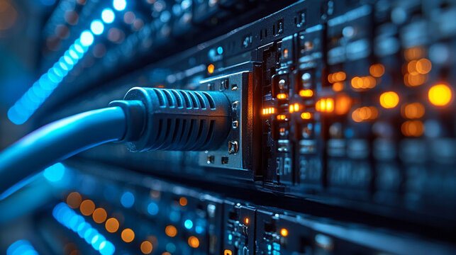 Network cable connecting to server in data center with glowing lights