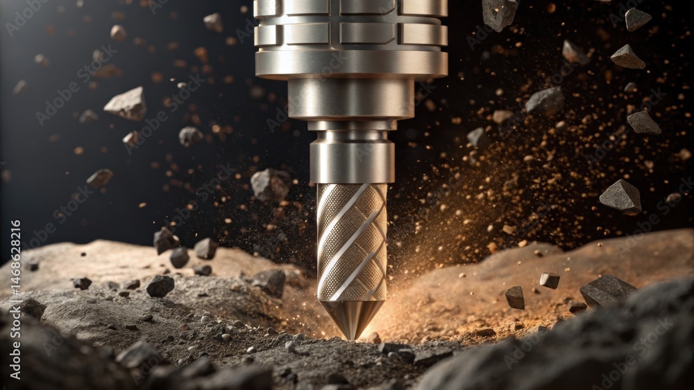 Poster a drill bit cuts through rock, creating dust and debris in a dynamic and powerful scene, showcasing 