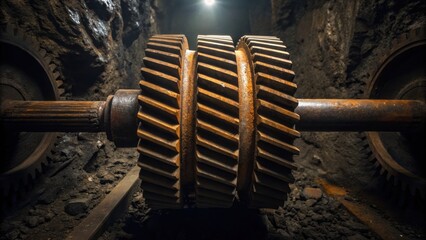 Rusty gears in a dark, industrial setting, showcasing the intricacies of machinery and mechanical engineering.