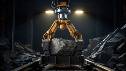 A robotic arm is grasping a large rock in a dimly lit industrial environment, with rocky surroundings and a focus on machinery.