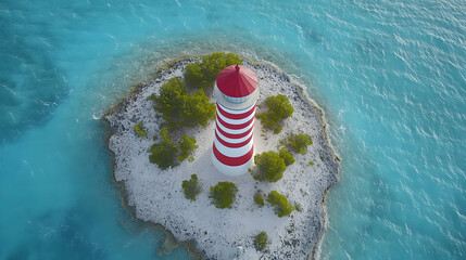 Aerial view of a vibrant red and white lighthouse standing on a small, picturesque island surrounded by crystal-clear turquoise water.