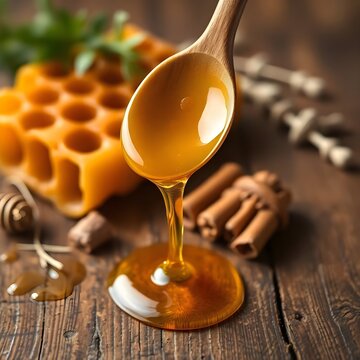howhite background A close-up, hyper-realistic photograph of a shiny stainless steel tablespoon filled with golden, viscous honey. The honey glistens under soft, warm honey dripping from a spoon