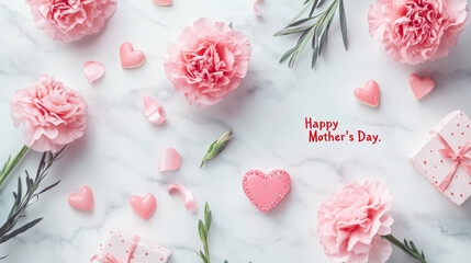3D beauty greeting Happy Mother's Day card scene with pink carnations hearts and greenery flowers wrapped gift present boxes. beige cream white marble elegant celebration love letterappreciate banner