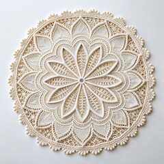 Elegant White Lace Doily with Floral Center, Handcraft , Textile Art