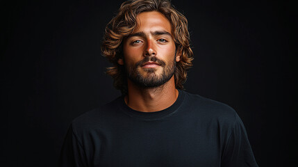 Obraz premium Man with curly hair and beard, black background studio portrait