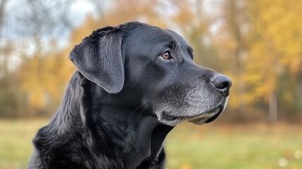Black labrador retriever in autumn park looking to the right. Use for illustrating pet care, loyal companions, or aging gracefully.