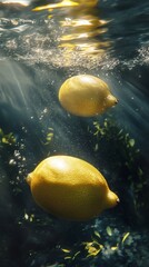 Fresh Lemons Underwater with Sunlight and Bubbles in Clear Water
