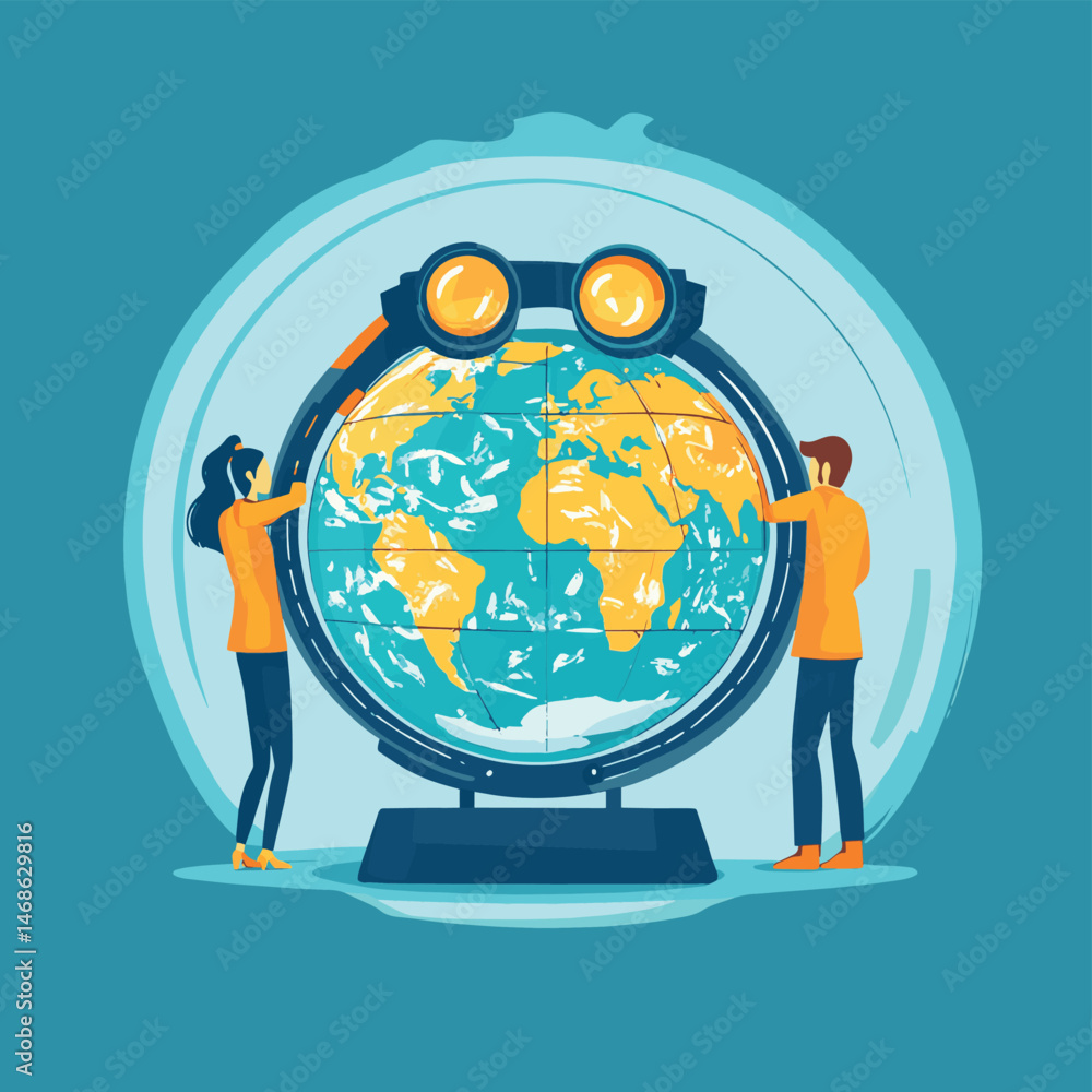 Aufkleber business people open globe using binoculars looking for future vision. world economic vision for bus