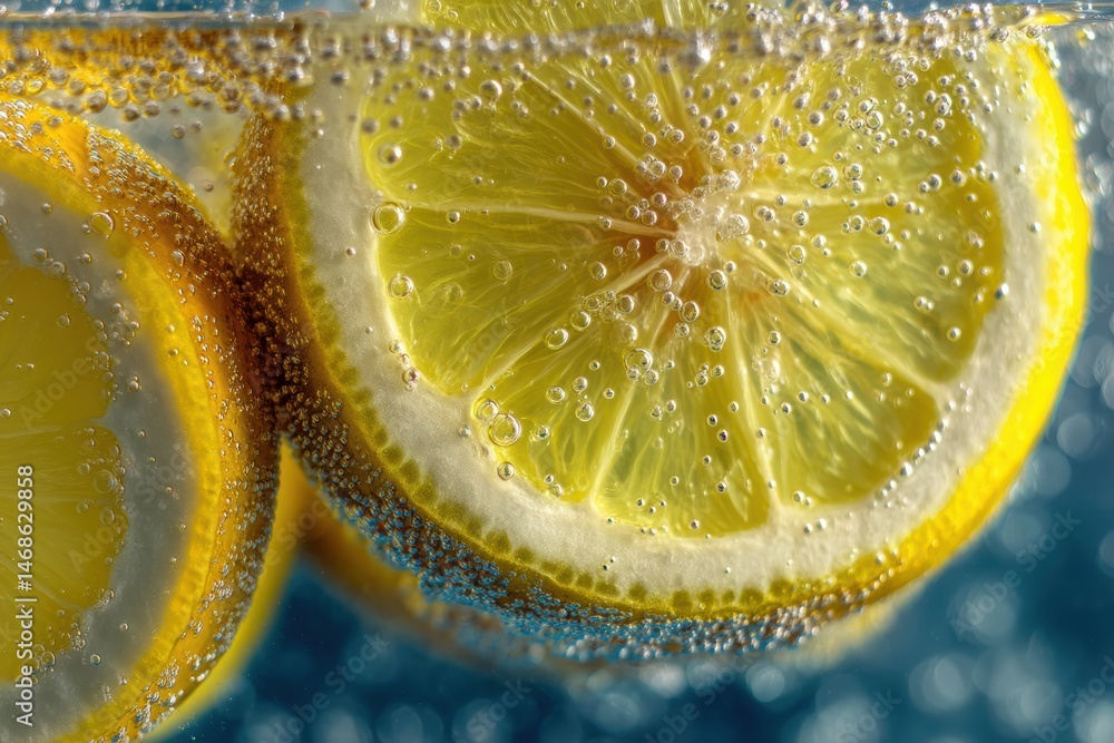Poster lemon slices submerged in sparkling water with playful bubbles and vibrant clarity captured during a