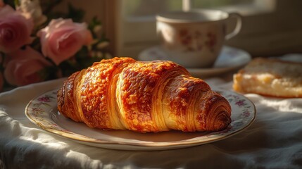 Croissant on plate with tea cup and flowers in soft sunlight.