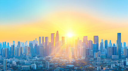 Obraz premium Stunning sunrise over a vibrant cityscape, showcasing modern architecture and a dynamic urban landscape. Golden hour light bathes the buildings in a warm glow.