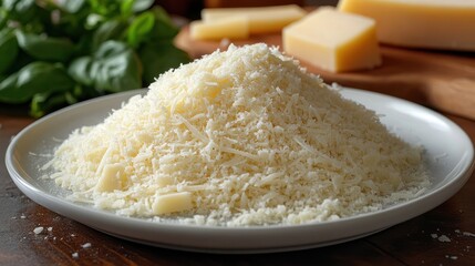 Grated cheese pile on plate with basil and cheese pieces in background.