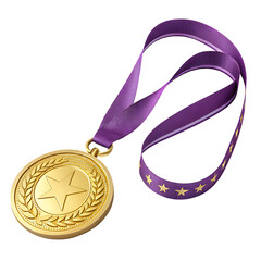 Golden Award with Elegance: A gleaming golden medal with a star emblem and laurel wreath, suspended gracefully from a rich purple ribbon, symbolizes achievement, victory, and recognition. 