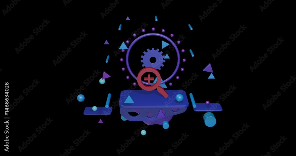 Poster red zoom in symbol on a pedestal of abstract geometric shapes floating in the air. abstract concept 