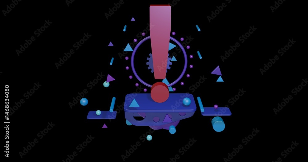 Poster red exclamation symbol on a pedestal of abstract geometric shapes floating in the air. abstract conc