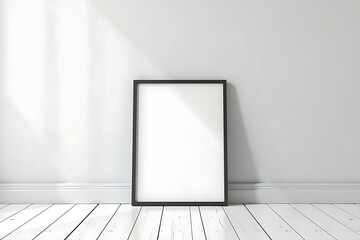 A Black Frame Leans Against A White Wall With White Wooden Floors, interior design, art gallery, minimalist presentation, frame mockup