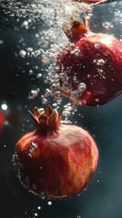 Pomegranates Splashing in Water with Bubbles and Dramatic Light Effects