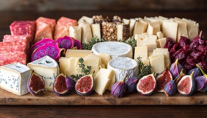 Colorful gourmet cheese and fruit platter arrangement.