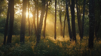 Obraz premium Golden Sunlight Streaming Through Dense Forest Landscape with Silhouetted Trees Illuminating Undergrowth and Creating a