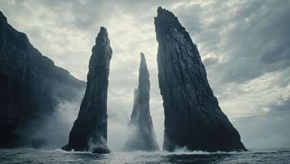 Dramatic sea stacks pierce a stormy sky