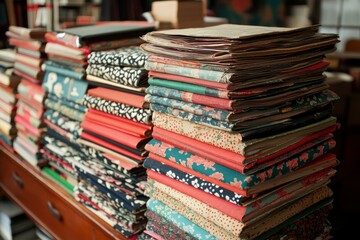 Stacked vintage books and papers