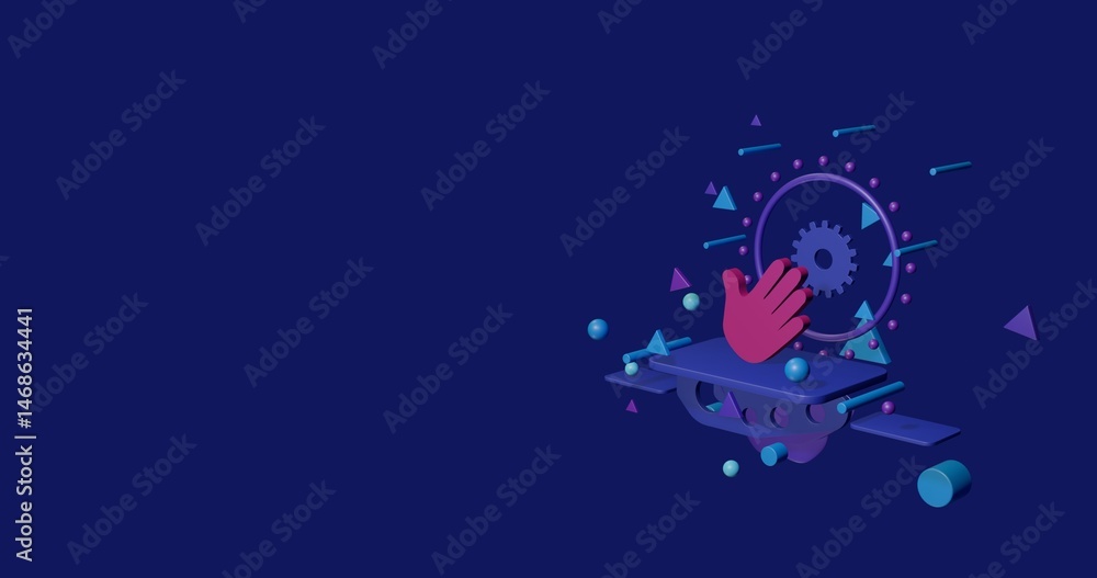 Poster pink hand on a pedestal of abstract geometric shapes floating in the air. abstract concept art with 