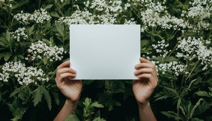 Blank sheet of paper held by hands in nature