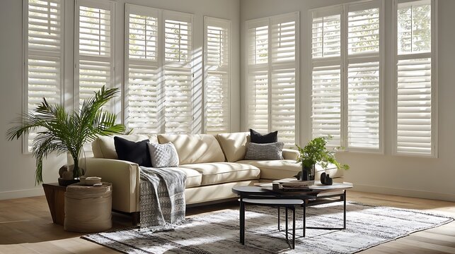 Modern living room with a beige sofa, black accents, and natural light streaming through white plantation shutters