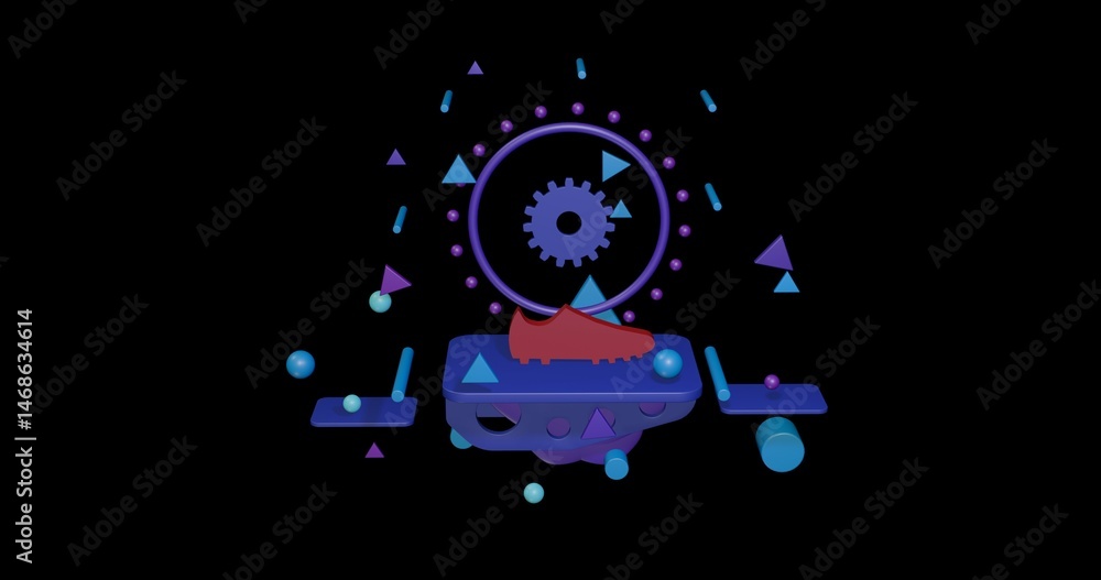 Poster red football boot symbol on a pedestal of abstract geometric shapes floating in the air. abstract co