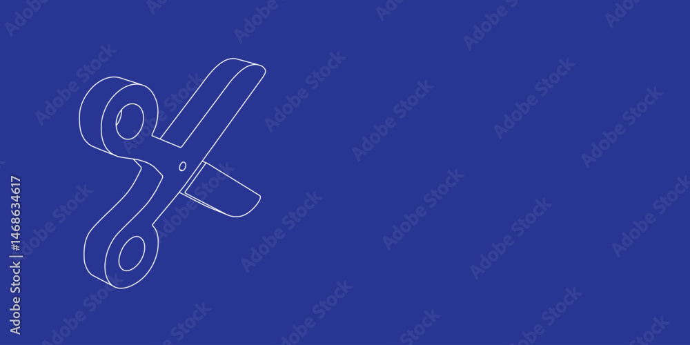 Poster the outline of a large scissors symbol made of white lines on the left. 3d view of the object in per