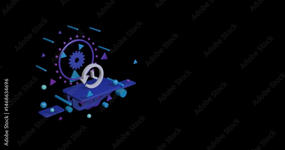 Poster white time back symbol on a pedestal of abstract geometric shapes floating in the air. abstract conc