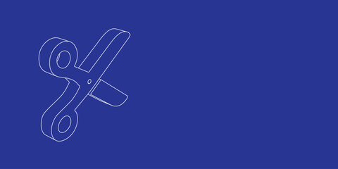 The outline of a large scissors symbol made of white lines on the left. 3D view of the object in perspective. Vector illustration on indigo background