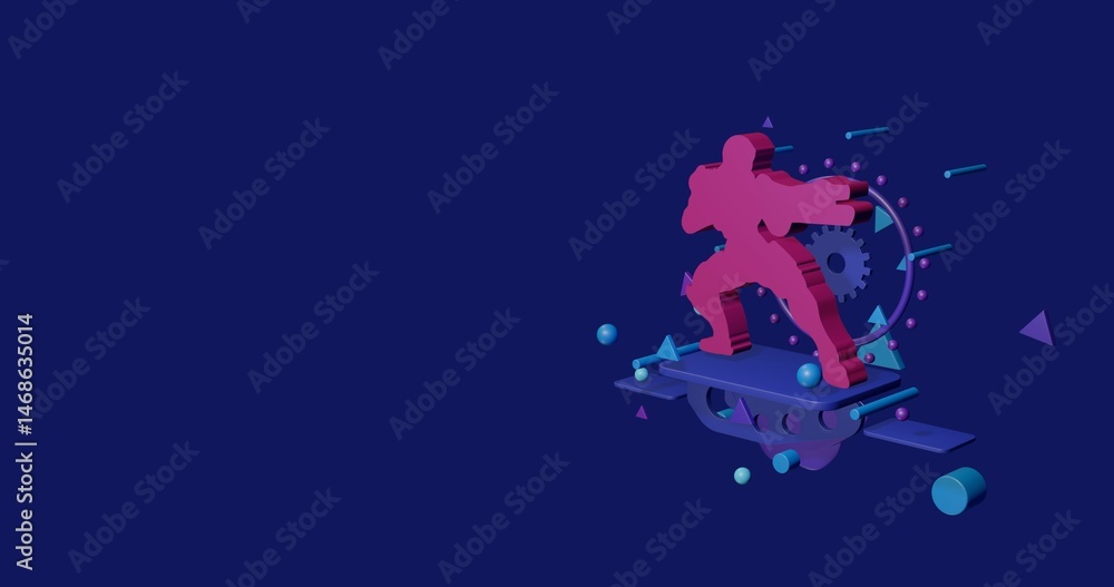 Poster pink combat robot on a pedestal of abstract geometric shapes floating in the air. abstract concept a