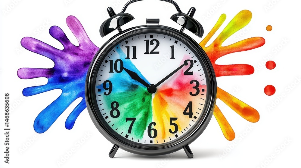 Poster rainbow alarm clock with colorful handprints