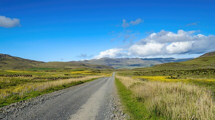 Fototapeta premium Gravel Road Leads Through Yellow Flower Fields Beneath a Blue Sky with Clouds Sunny Day