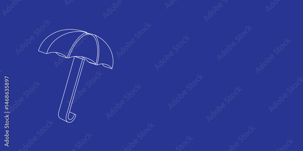 Poster the outline of a large umbrella symbol made of white lines on the left. 3d view of the object in per