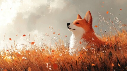 A corgi resting in a golden field