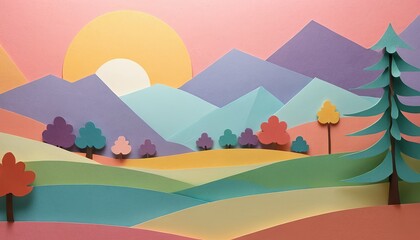 Colorful paper cut landscape scene with mountains trees and sun creative design