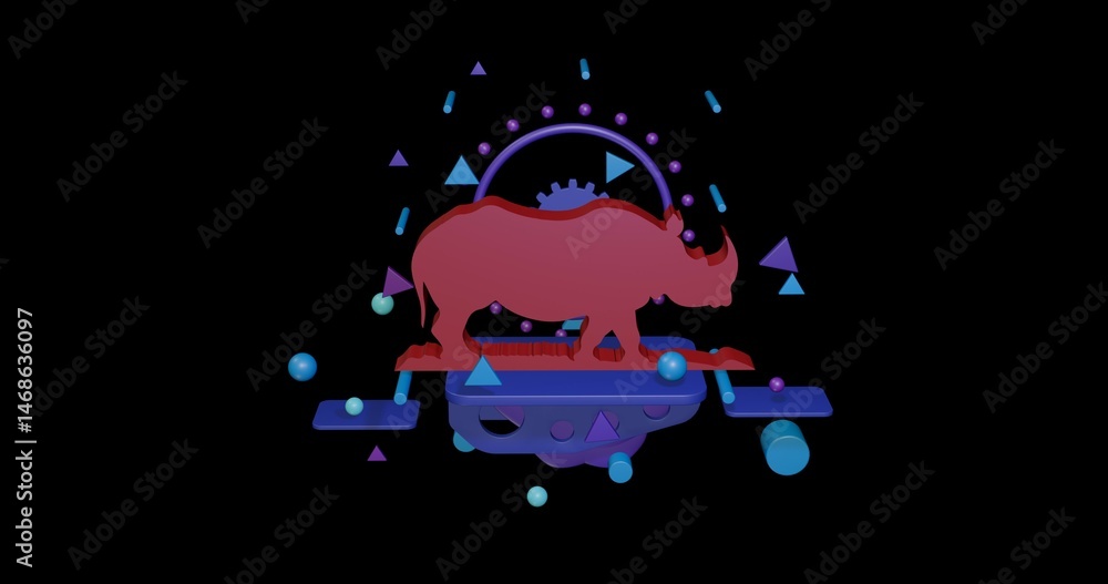 Poster red wild rhino symbol on a pedestal of abstract geometric shapes floating in the air. abstract conce