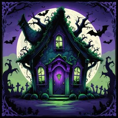 A spooky Halloween night scene illustration shows a dark, haunted house silhouette with bats flying under the moonlit autumn sky