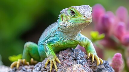 Fototapeta premium Green Iguana Close Up on Gray Rock Amidst Pink Flowers and Greenery Wildlife Detailed Scales and Vibrant Colors