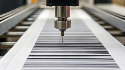 Precision machinery engraves barcode patterns on a flat surface, showcasing a close-up of an industrial process in action.