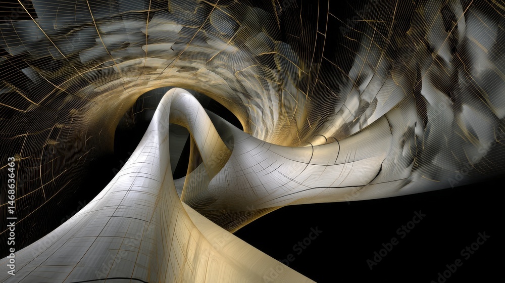 Poster intricate patterns resembling fabric and webbing suspended in space distorted by gravity fields