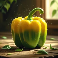 Fresh, ripe yellow bell pepper, a healthy vegetable, isolated on a green background