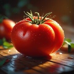 A fresh, ripe red tomato, a healthy vegetable with water droplets, is isolated