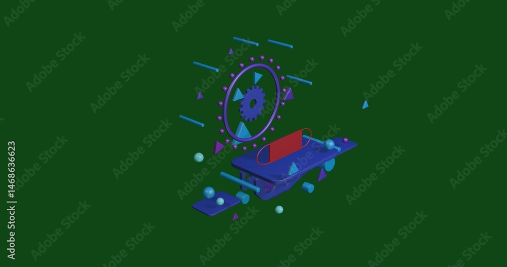 Poster red mask symbol on a pedestal of abstract geometric shapes floating in the air. abstract concept art